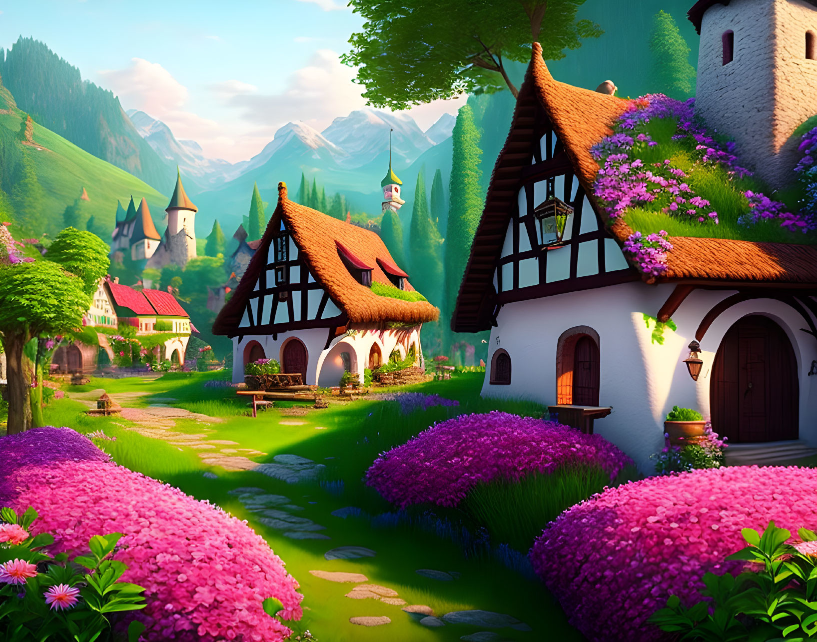 Colorful village scene with half-timbered houses, pink flowers, mountains, and blue sky