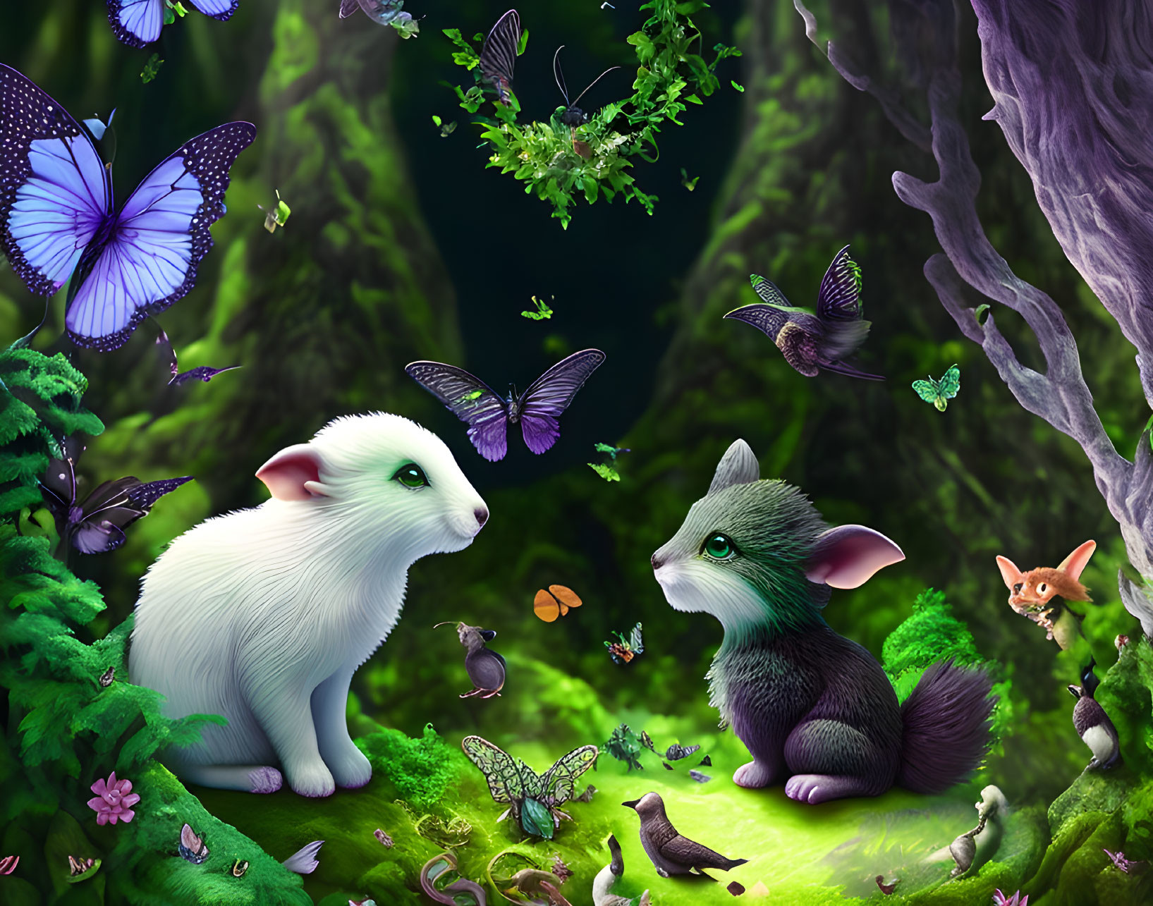 Fantasy creatures in enchanted forest with vibrant flora