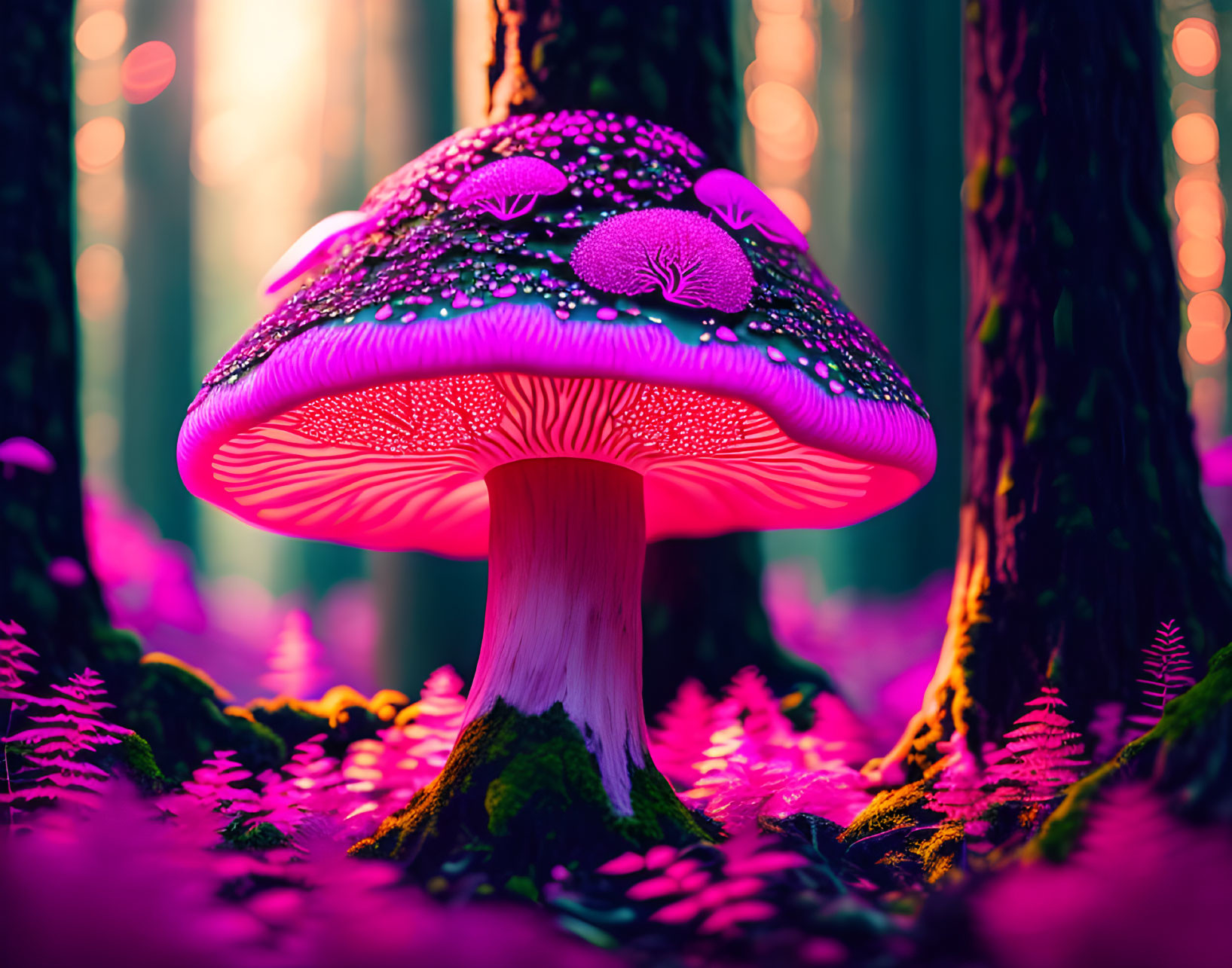 Neon-colored mushroom in fantastical forest setting