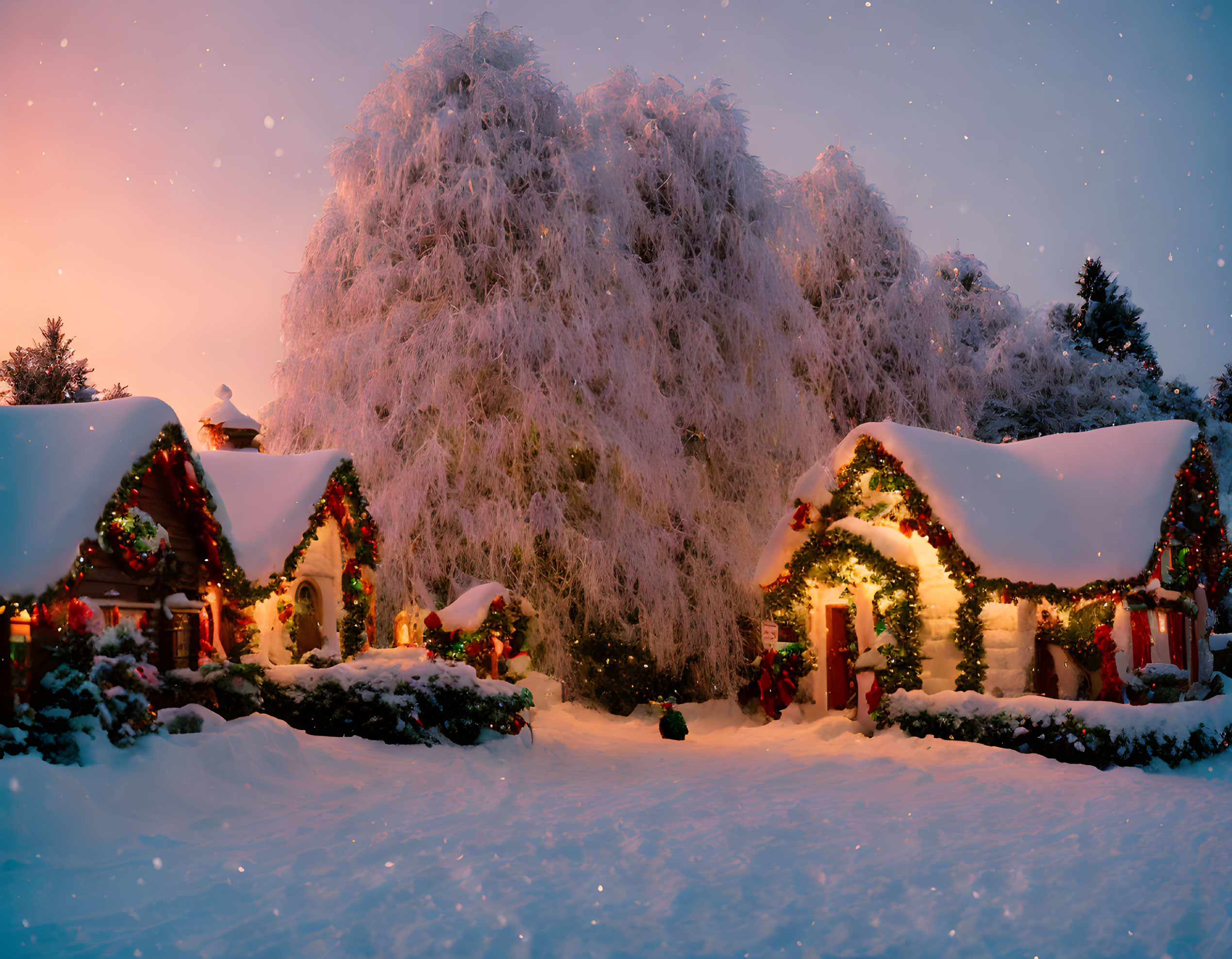 Snowy Christmas village scene at twilight with decorated houses, tree, and falling snowflakes