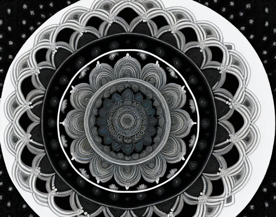 Circular black and white mandala with intricate symmetrical patterns