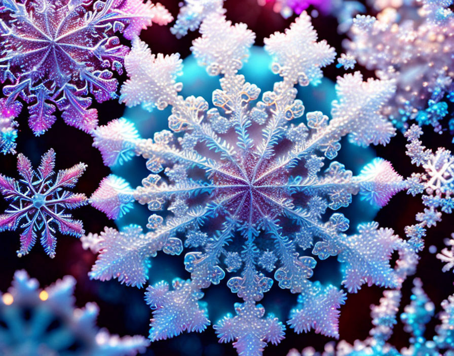 Detailed Close-Up of Vibrant Snowflake Patterns in Blue, Purple, and Pink