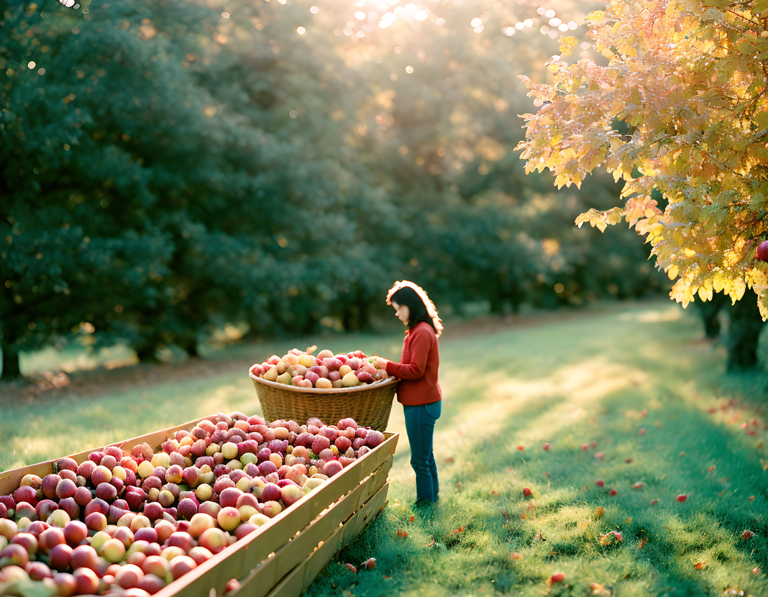 Person standing next to overflowing apple bins in sunny orchard with autumn leaves.