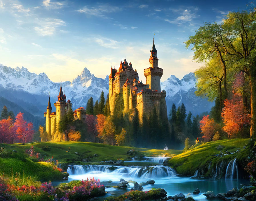 Castle with spires in lush forest with waterfall, river, and mountains