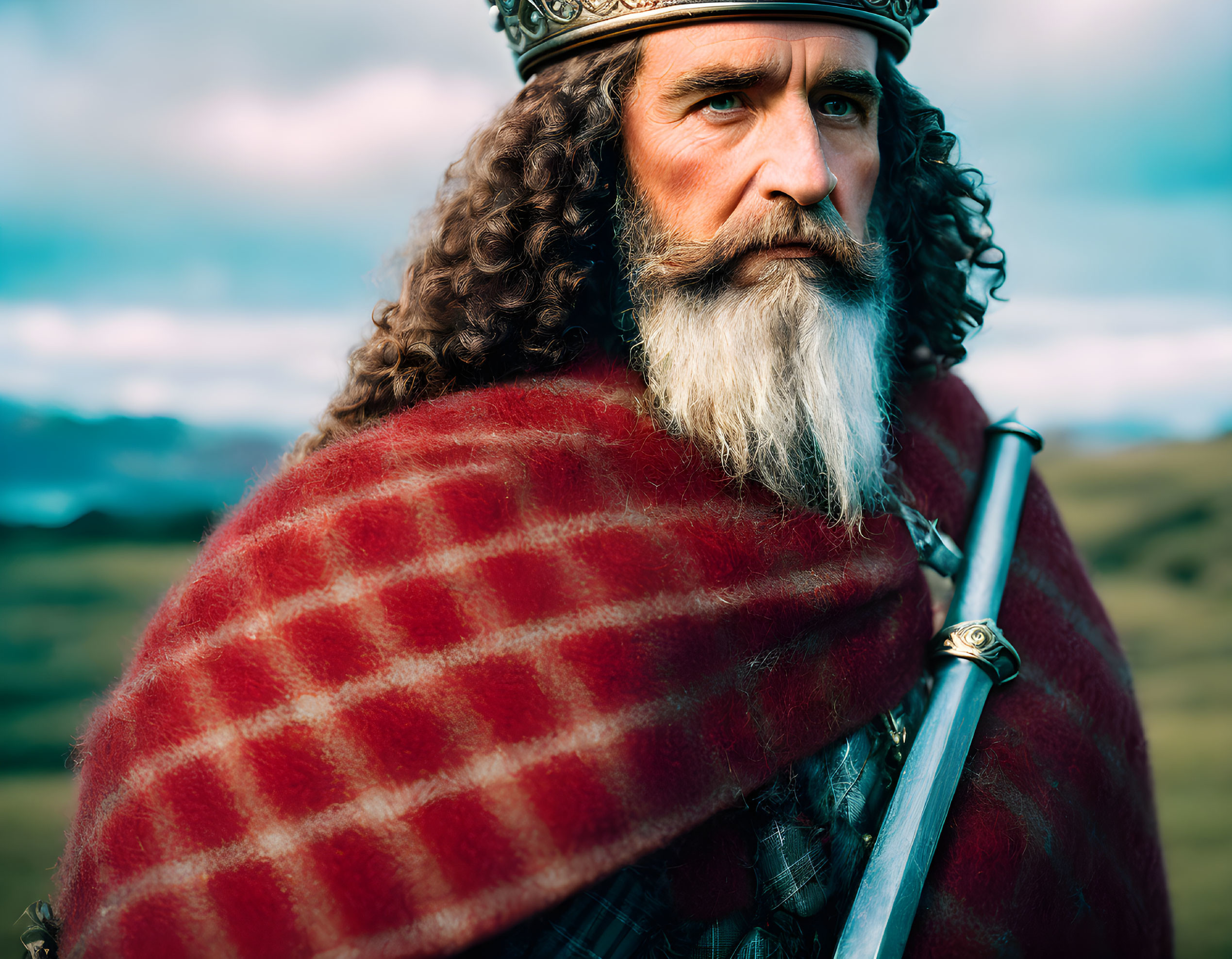 Regal figure with crown and sword in red cloak on green hills