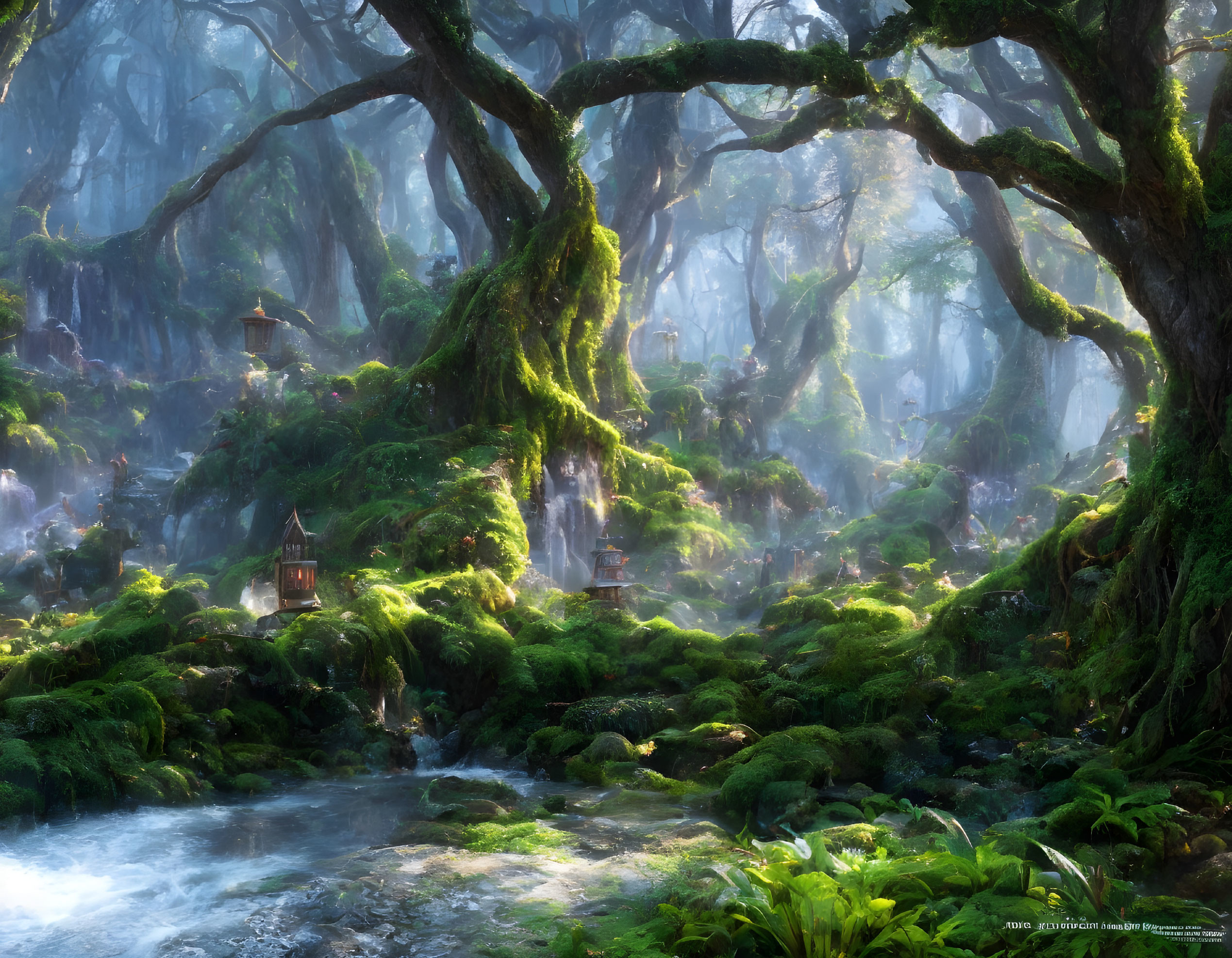 Enchanting forest scene with sunlight, moss, stream, waterfalls, and lanterns