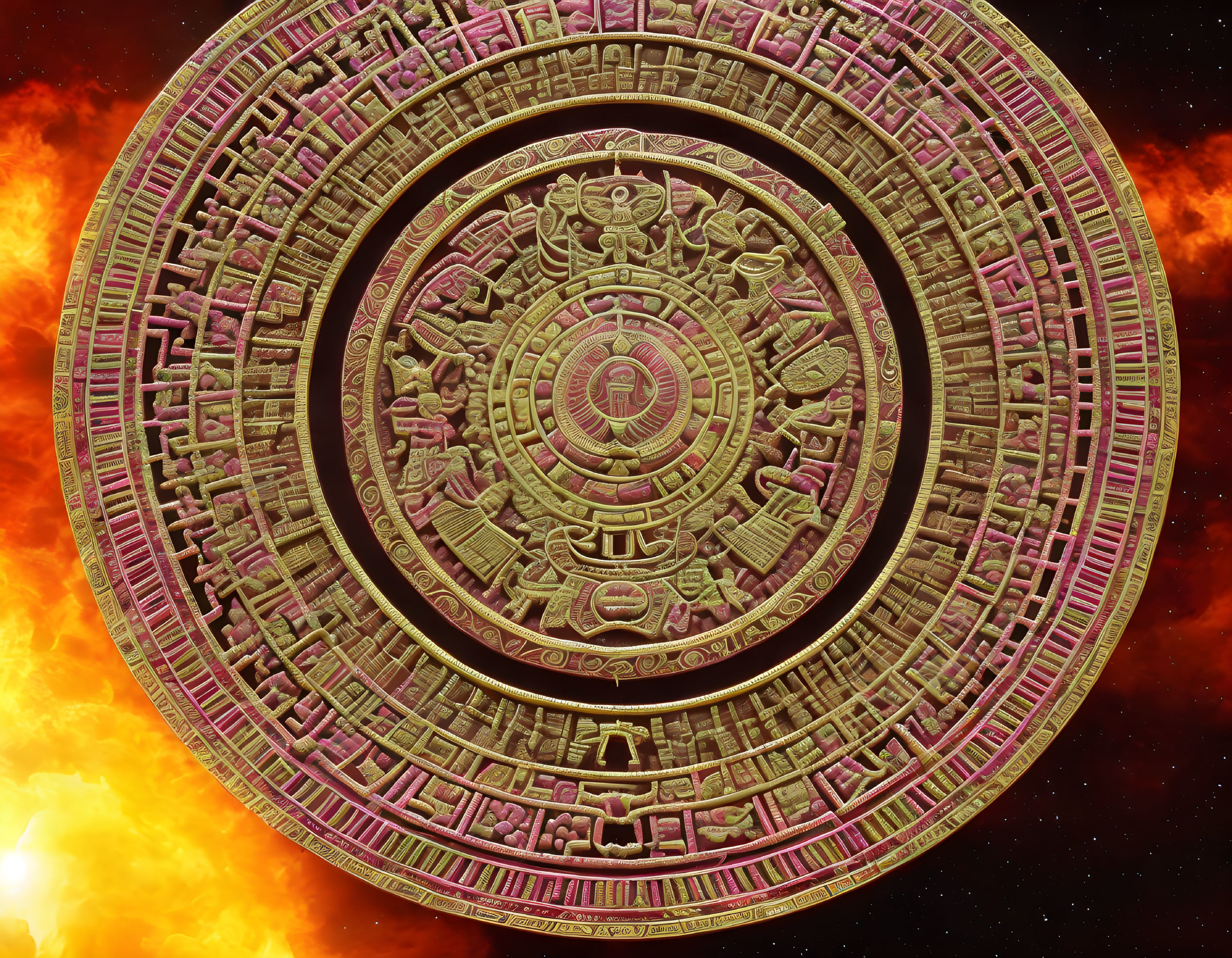 Ancient Mayan calendar on fiery space backdrop