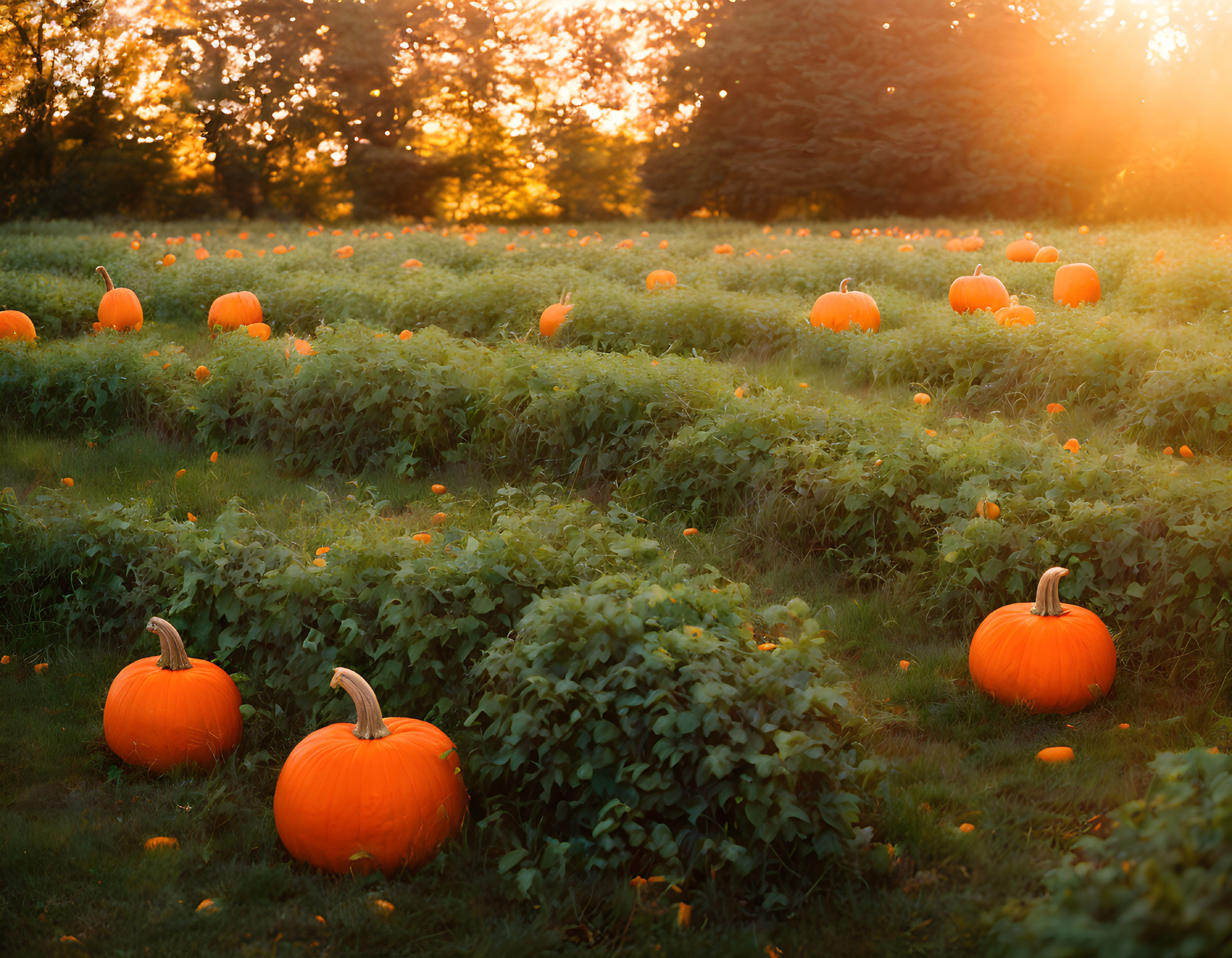 Sunset-lit Pumpkin Patch with Plump Pumpkins and Green Vines