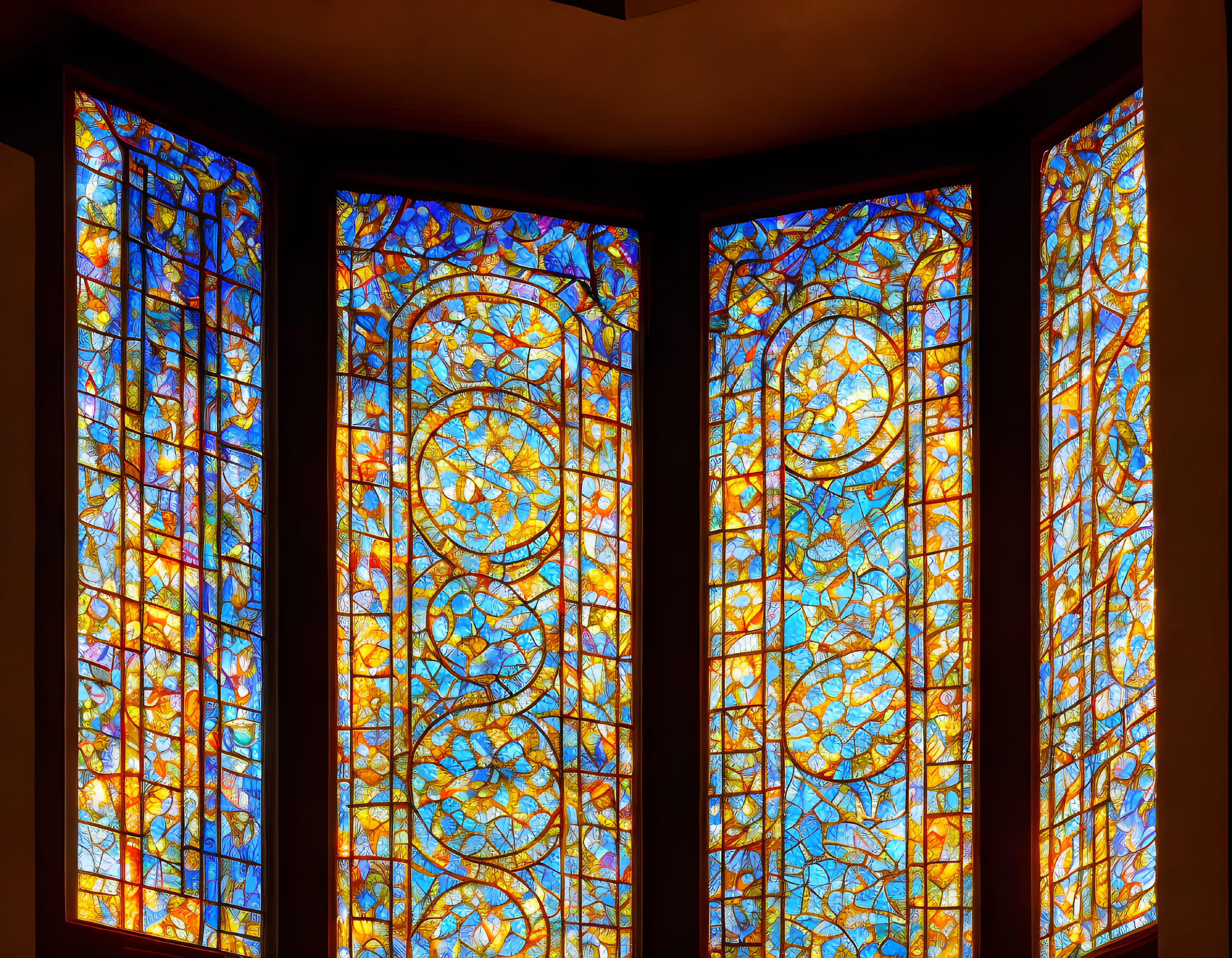 Colorful stained glass windows with intricate designs emitting warm glow