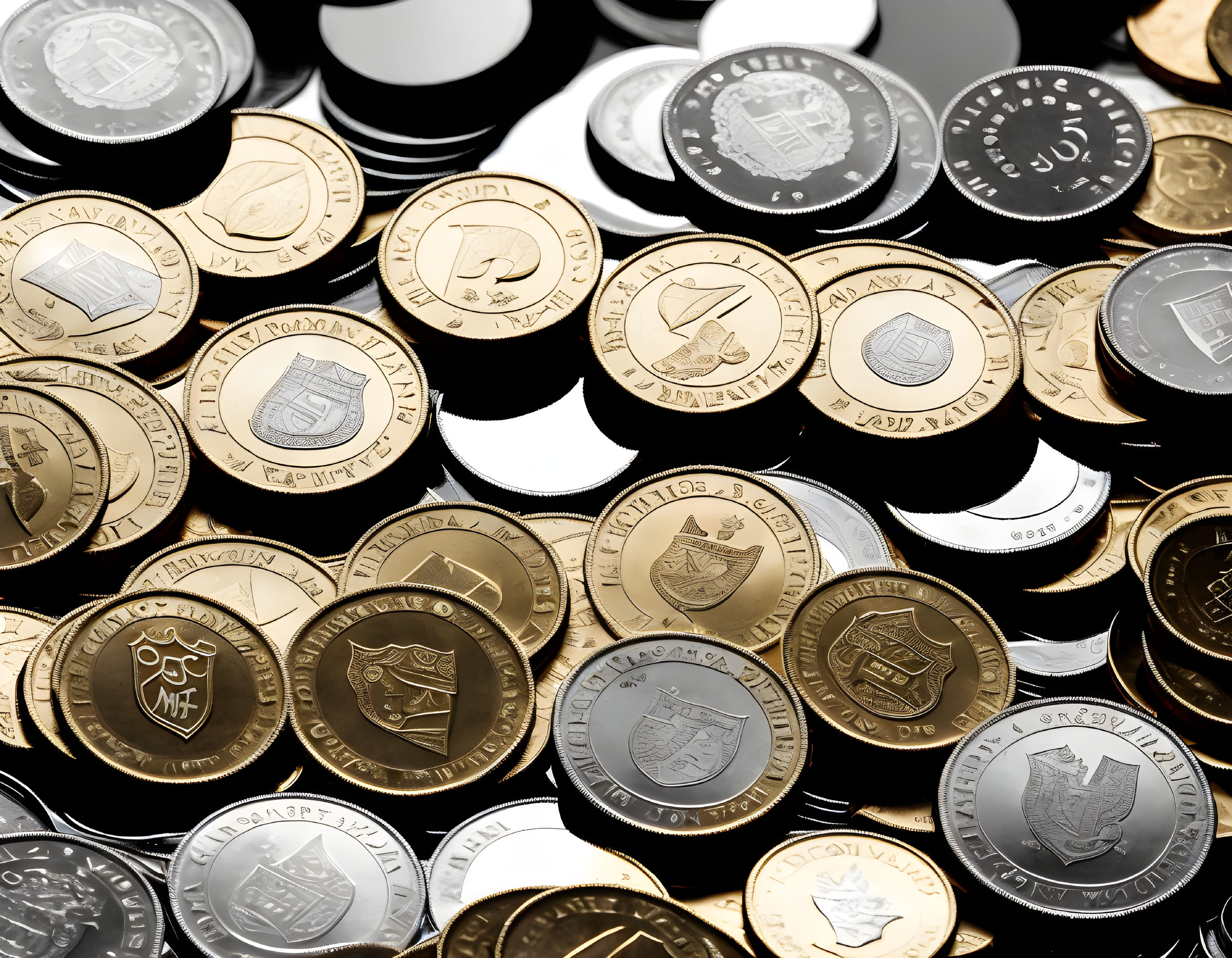 Assorted metallic coins in gold, silver, and copper colors with embossed crests.