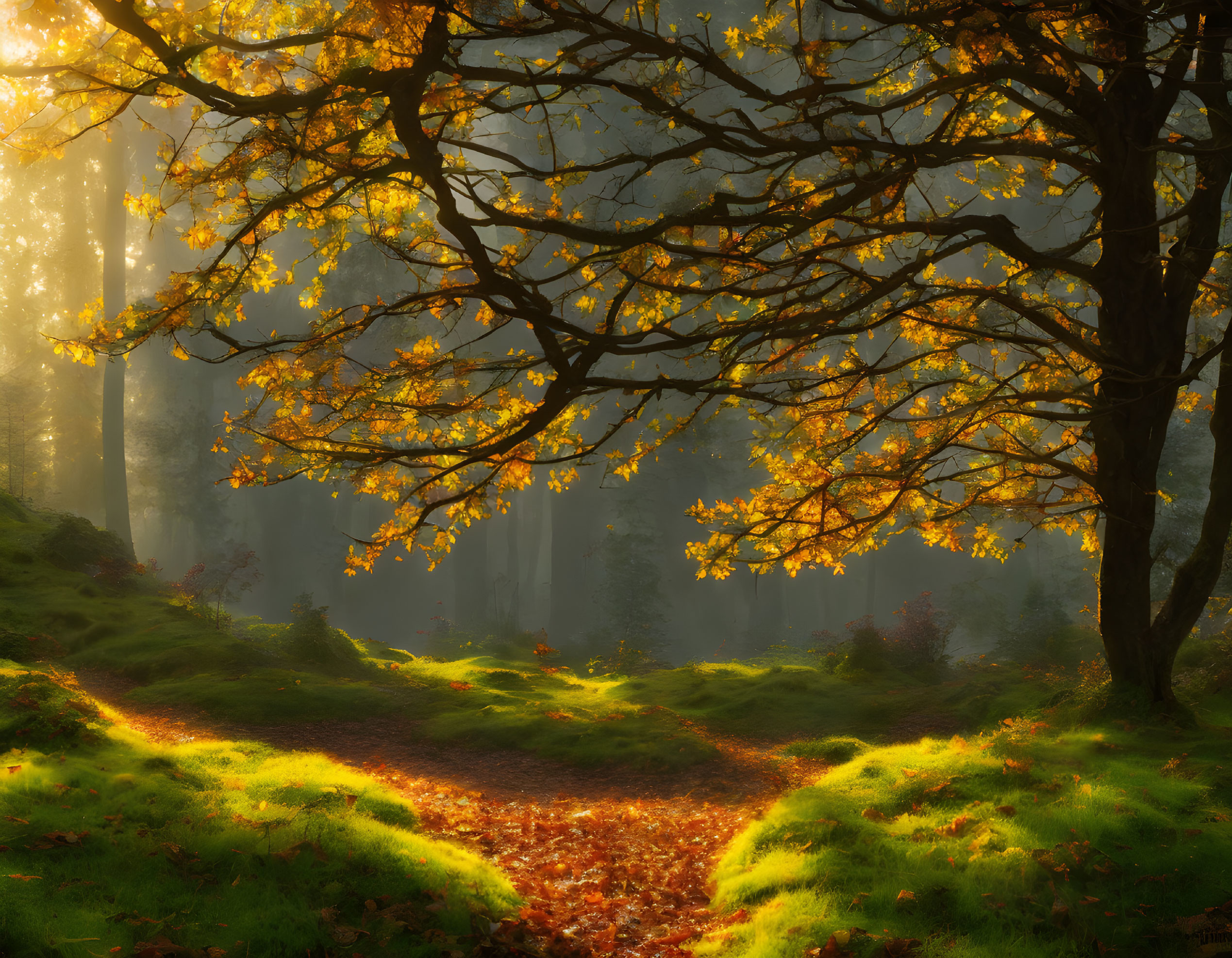 Tranquil forest scene with autumn sunlight and fallen leaves