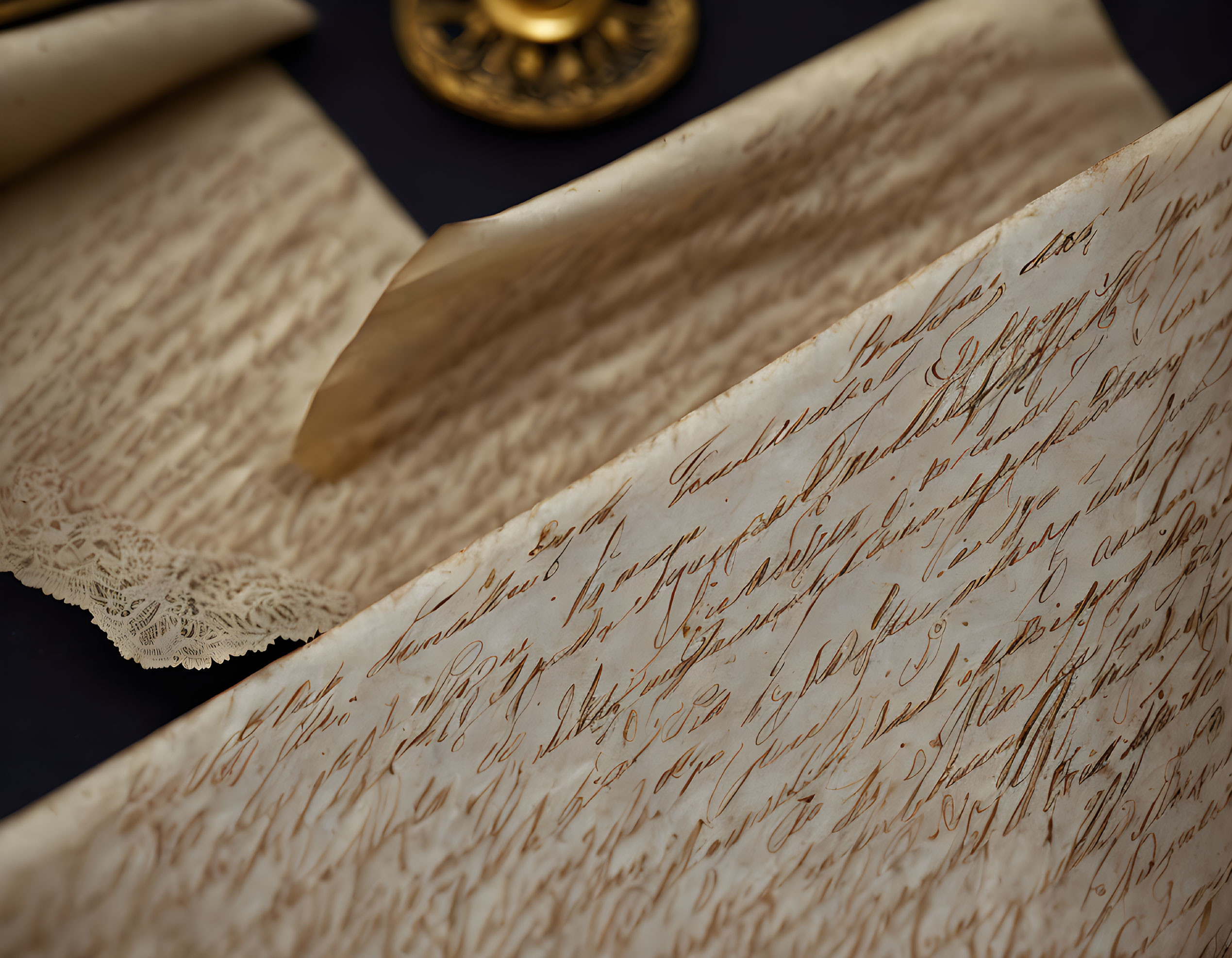 Vintage handwritten document on parchment with elegant cursive script, lace adornments, and brass seal stamp.