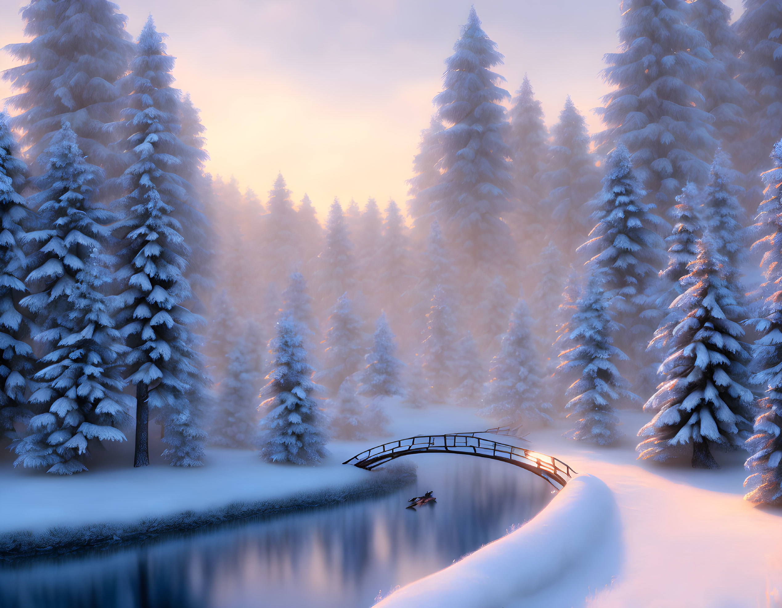 Snow-covered bridge over calm river in serene winter landscape