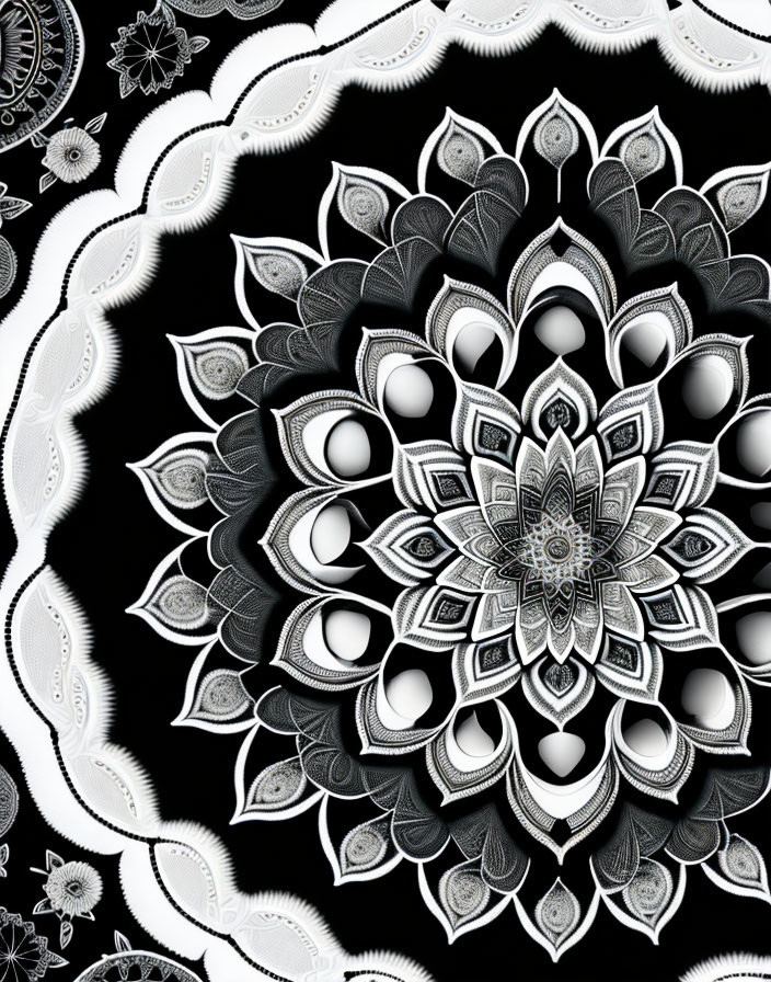 Monochromatic mandala design with floral and paisley details on black background