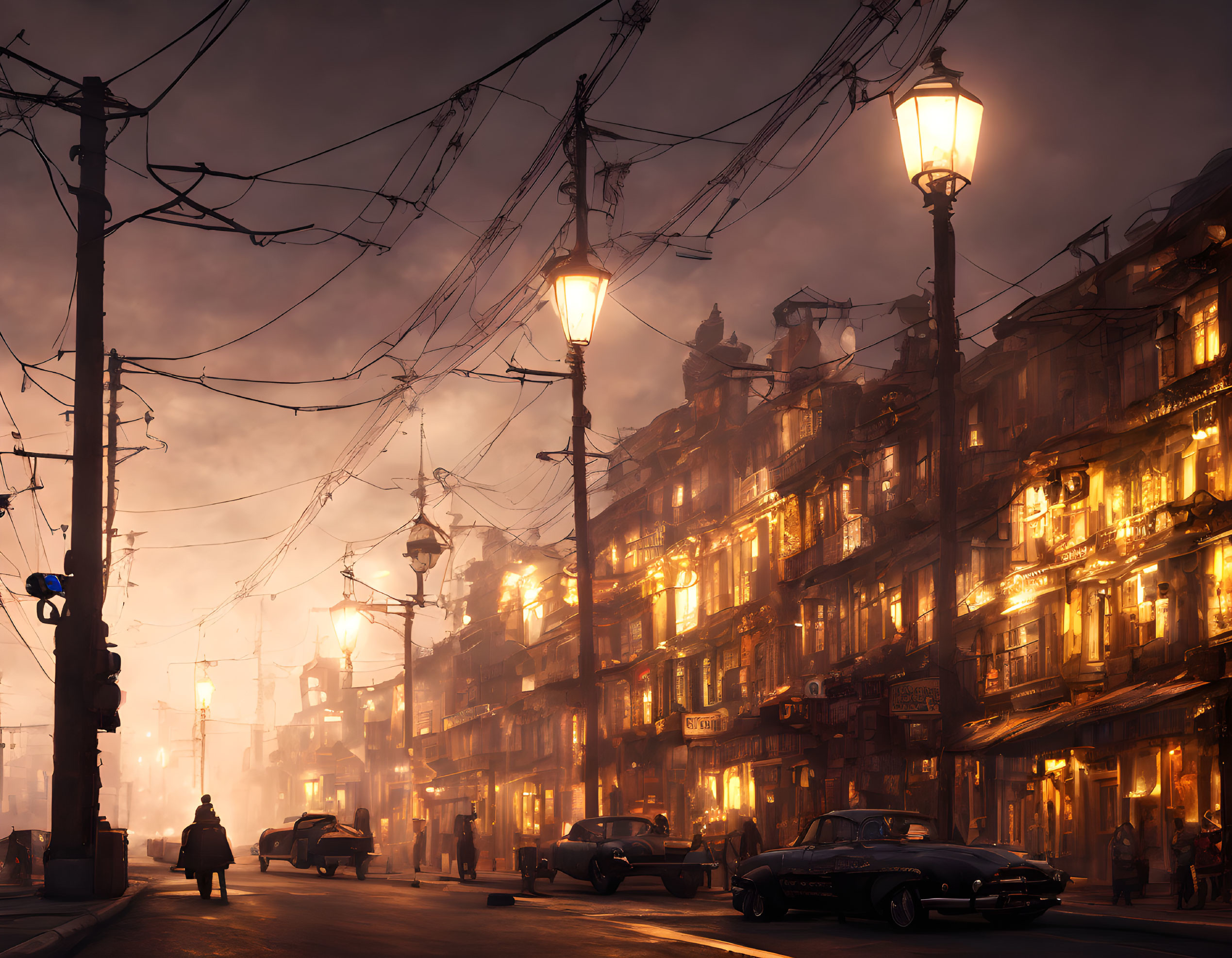 Vintage street scene with classic cars and warm lighting