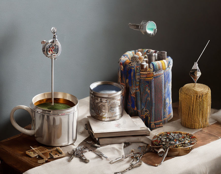 Variety of objects in a still life scene with liquid mug, keys, book stack, magnifying