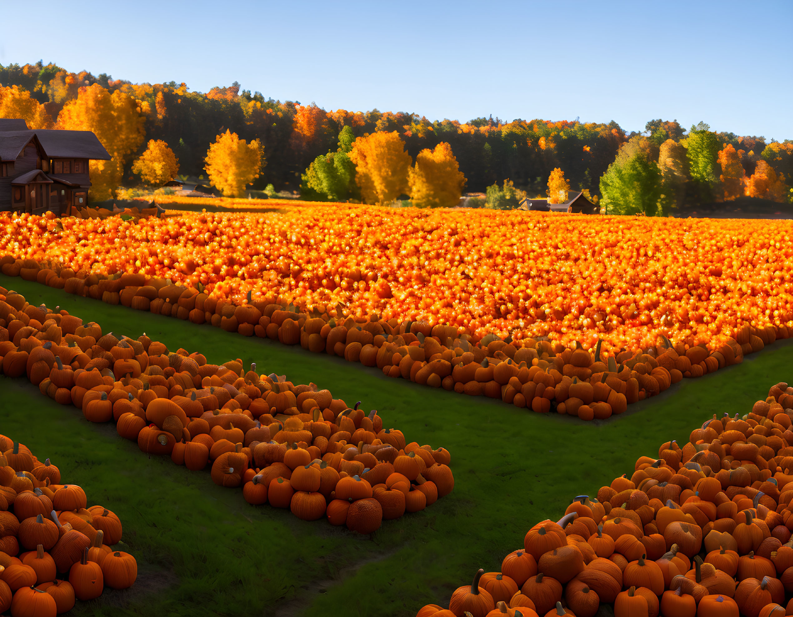 Ripe pumpkins in a sunlit autumn patch with barn and trees