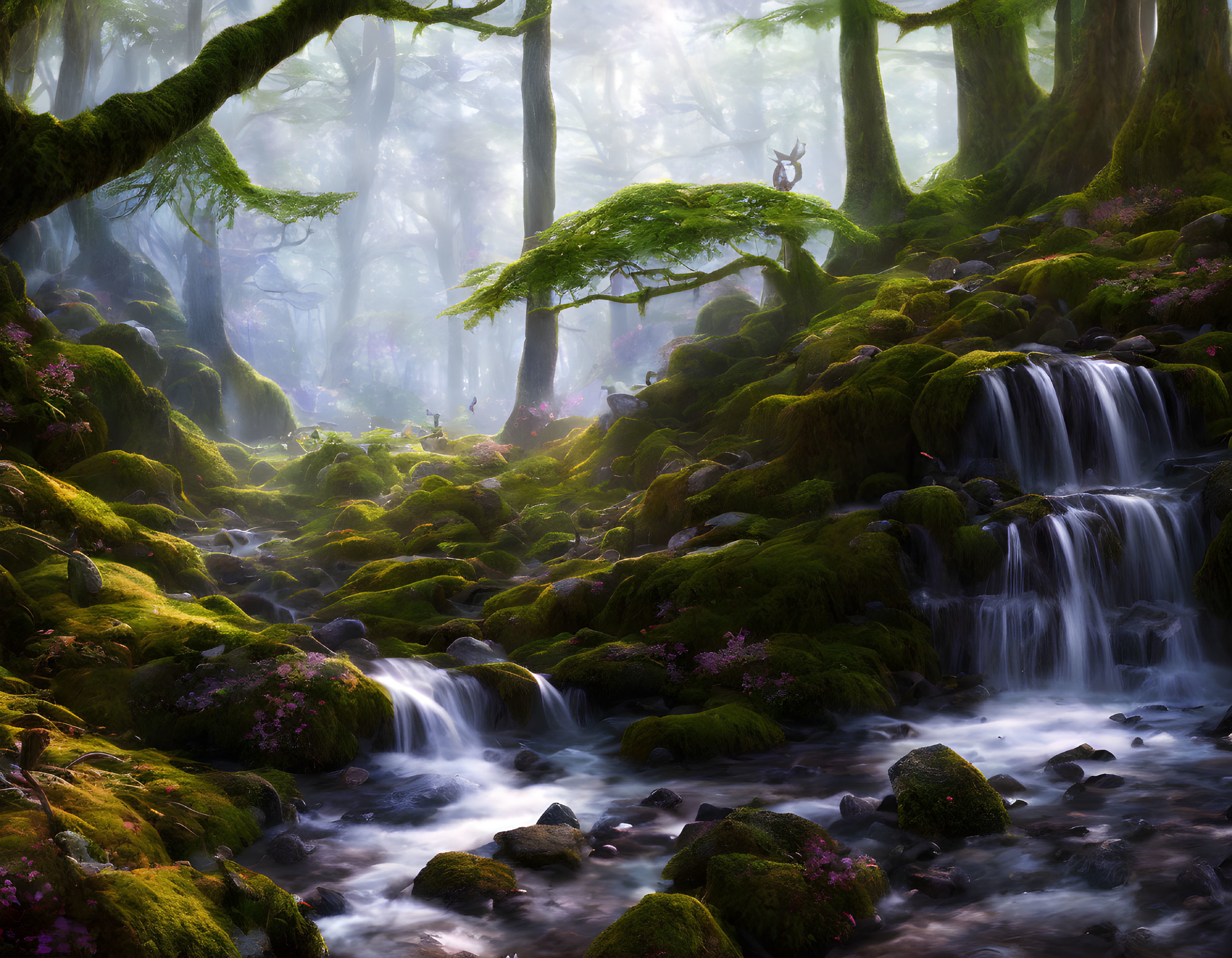 Enchanting forest landscape with moss-covered trees and waterfall