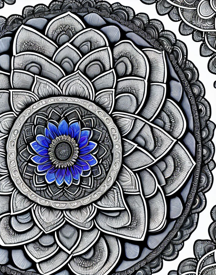 Detailed Black and White Mandala with Blue Floral Center