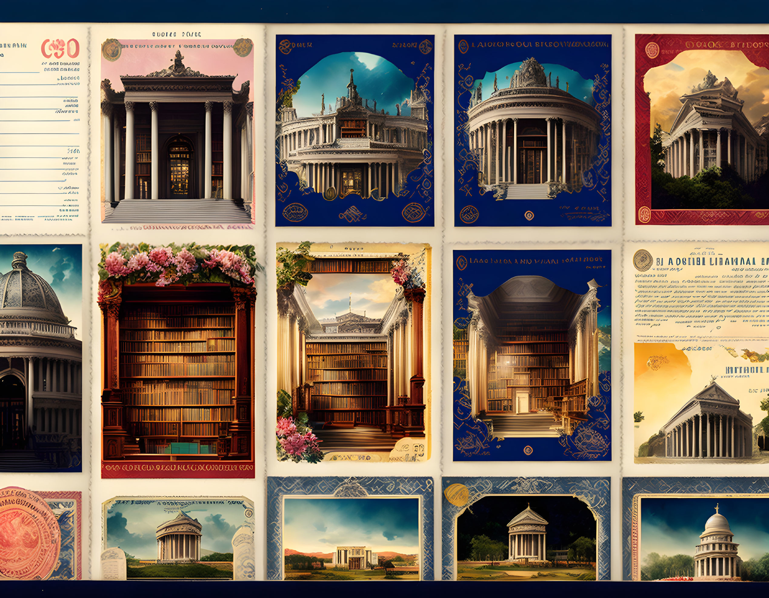 Vintage-style postcards featuring elegant architectural structures and ornate details