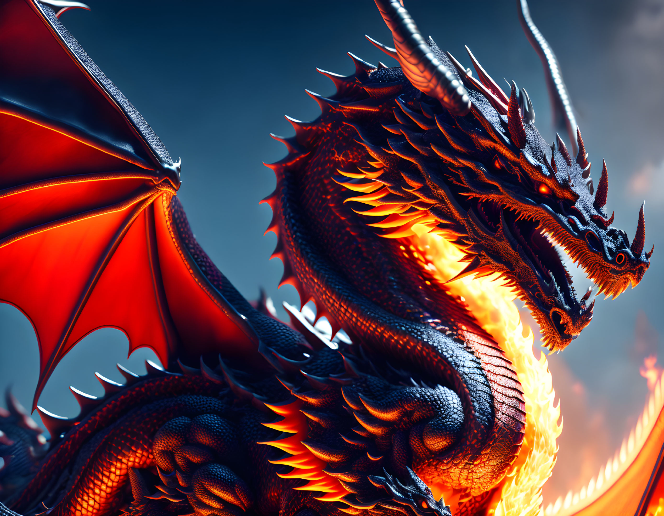 Detailed 3D Rendering of Fiery Red & Black Dragon with Outstretched Wings