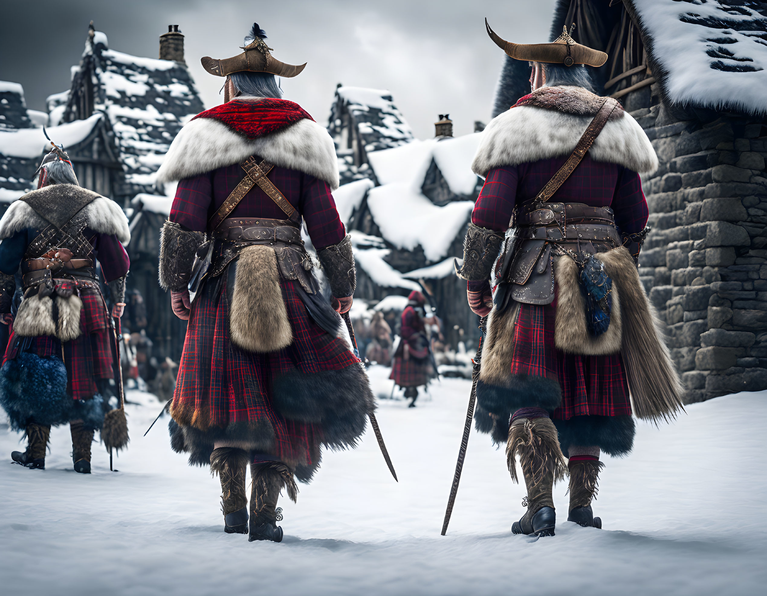 Scottish warriors in tartan kilts and fur cloaks in snowy village