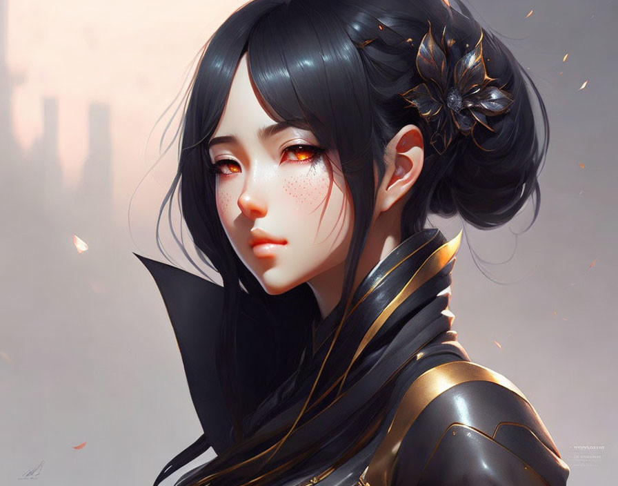 Digital Artwork: Woman in Black Hair, Red Eyes, Freckles, Gold Armor, Pale