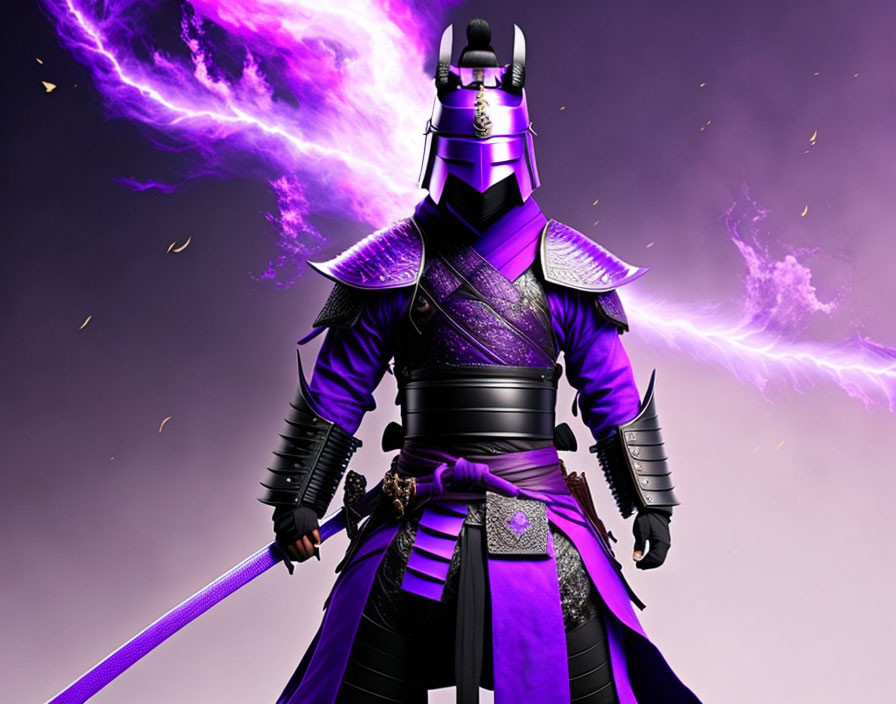 Samurai in full armor with purple cape and katana in mystical purple nebula