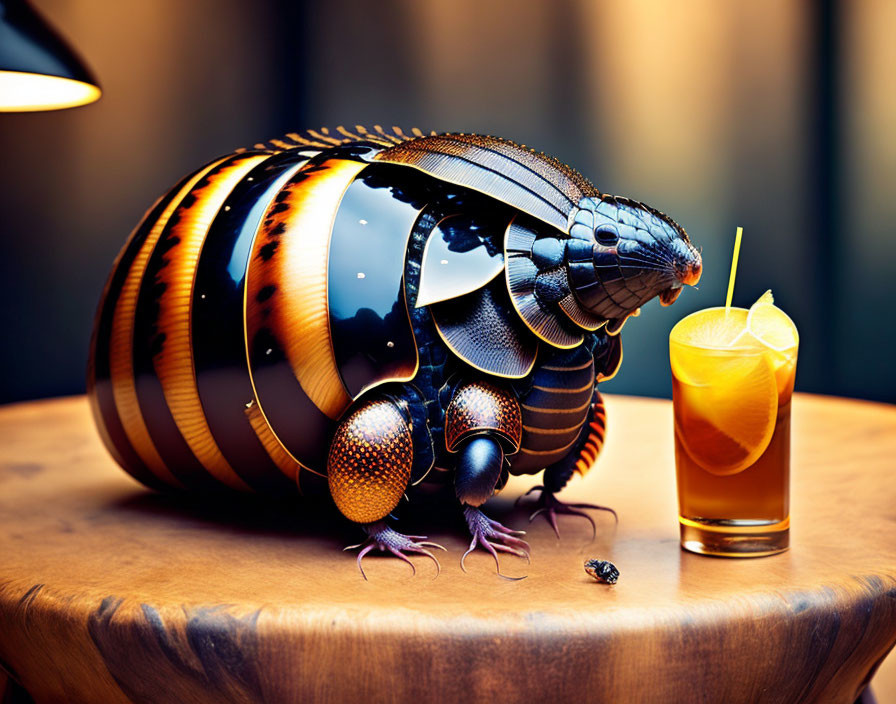 Digital artwork: Mechanical armadillo creature with patterns next to orange drink on table