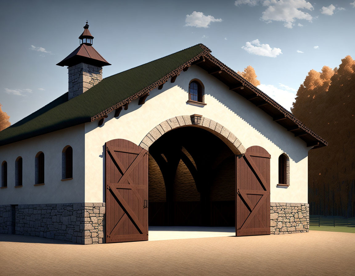 Digital rendering of a large arched stable in a serene woodland setting