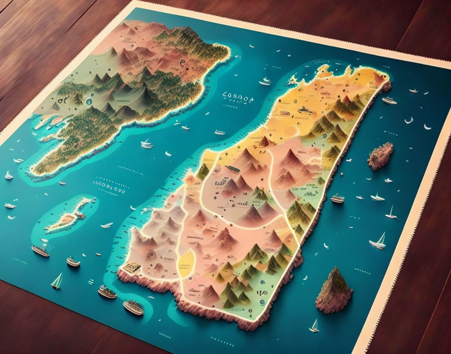 Topographic map of fictional landscape with mountains, trees, and boats in warm colors