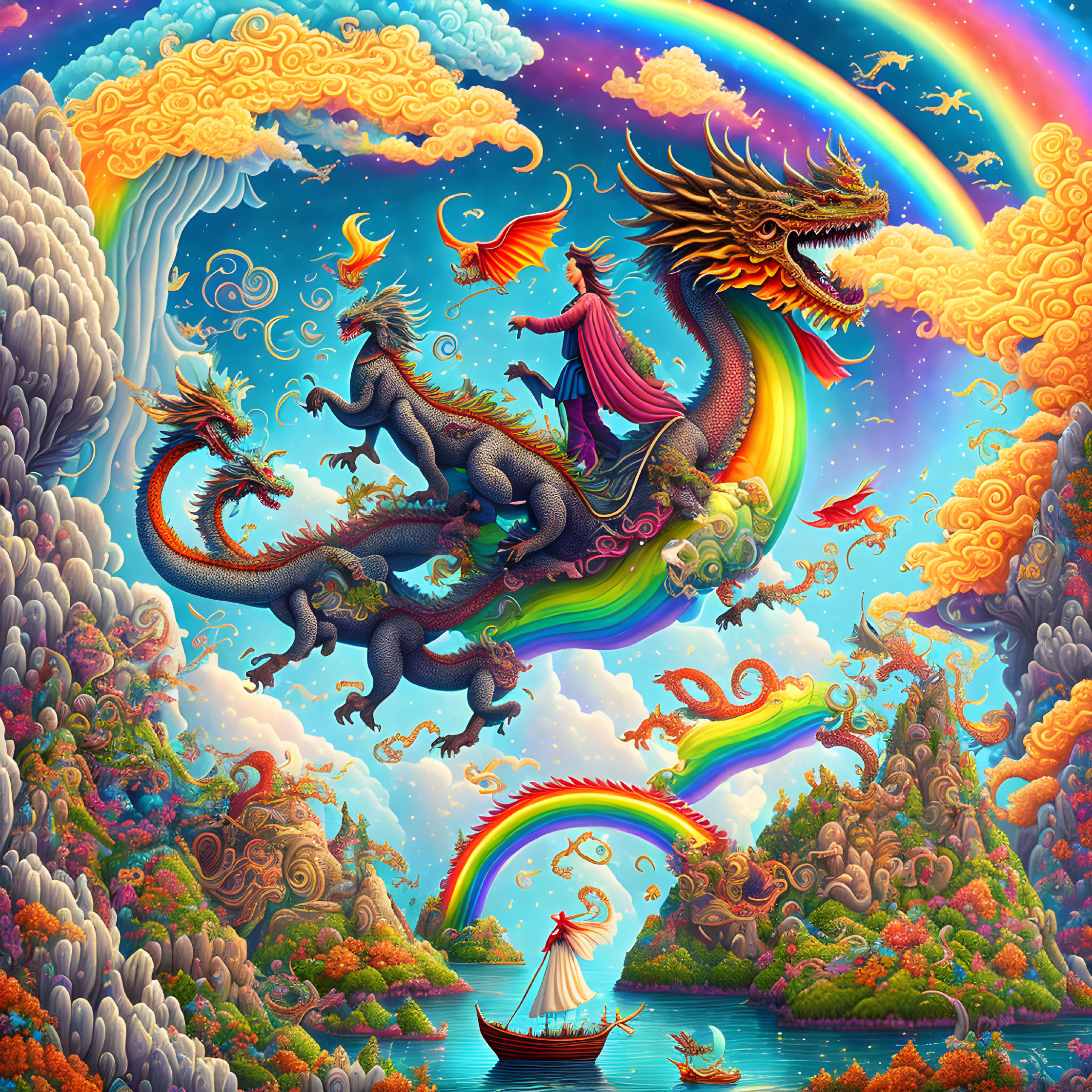 Colorful mythical scene: dragons, rainbow, boat, arch, lush flora, whimsical clouds