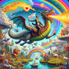 Colorful mythical scene: dragons, rainbow, boat, arch, lush flora, whimsical clouds