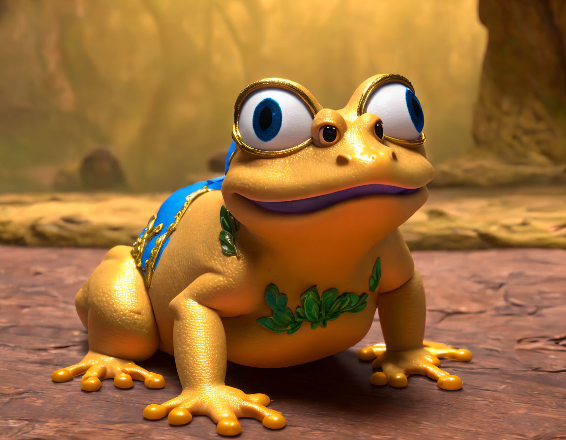 Anthropomorphic frog with oversized eyes in blue and gold vest on earthy backdrop