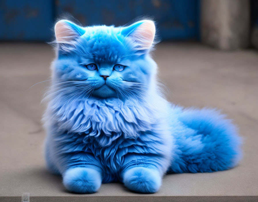 Digitally altered fluffy cat with blue fur and eyes on blue-grey background