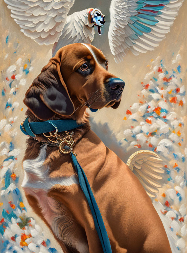 Brown-furred dog with blue scarf and medallion surrounded by birds and white wings