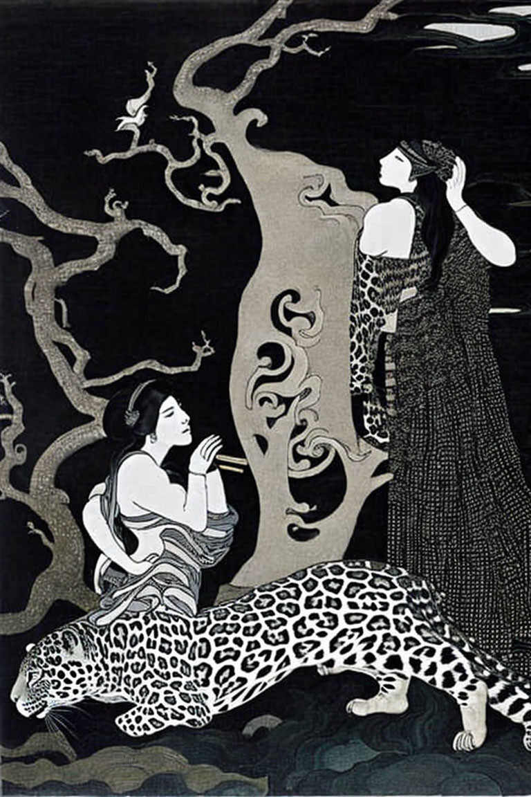 Illustration of two women in traditional attire under a twisting tree, one on a leopard