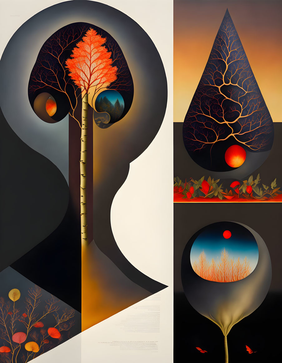 Vibrant surreal artwork: stylized trees, abstract shapes, droplet-like forms.