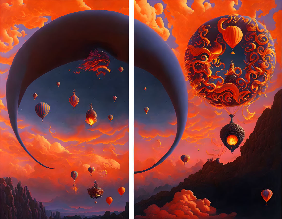 Surreal artwork: Hot air balloons, floating objects, fiery clouds, circular anomaly