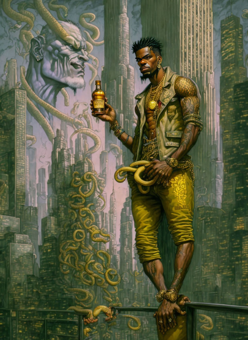 Stylized man in gold attire with snake holding lamp on ledge, futuristic city and giant statue in