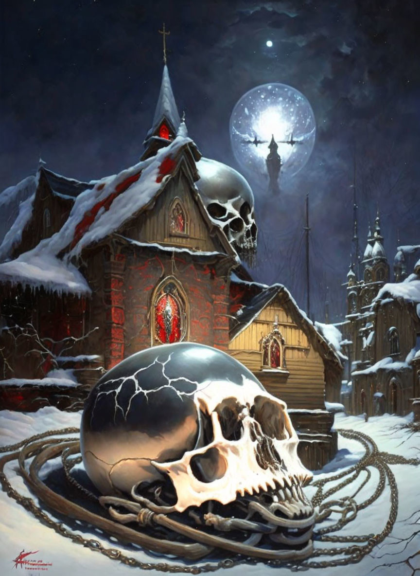 Snowy scene featuring giant skull, chained, red-windowed church, full moon, and floating city