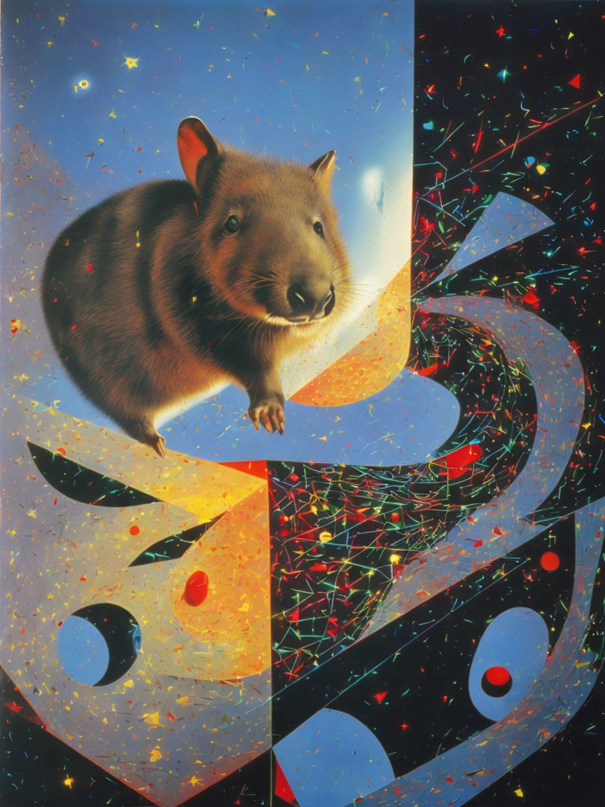 Surreal wombat illustration with cosmic elements and starry backdrop