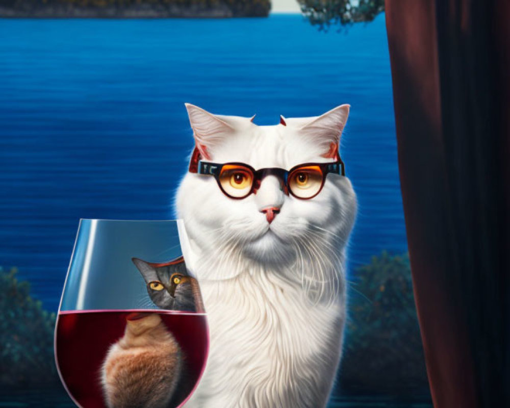 White Cat with Glasses by Glass of Red Wine and Reflection in Scenic Setting