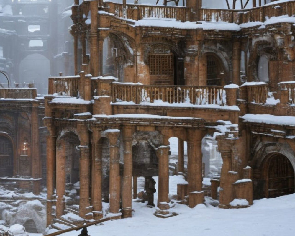 Snow-covered ruins of ancient Roman building with a person standing in serene atmosphere