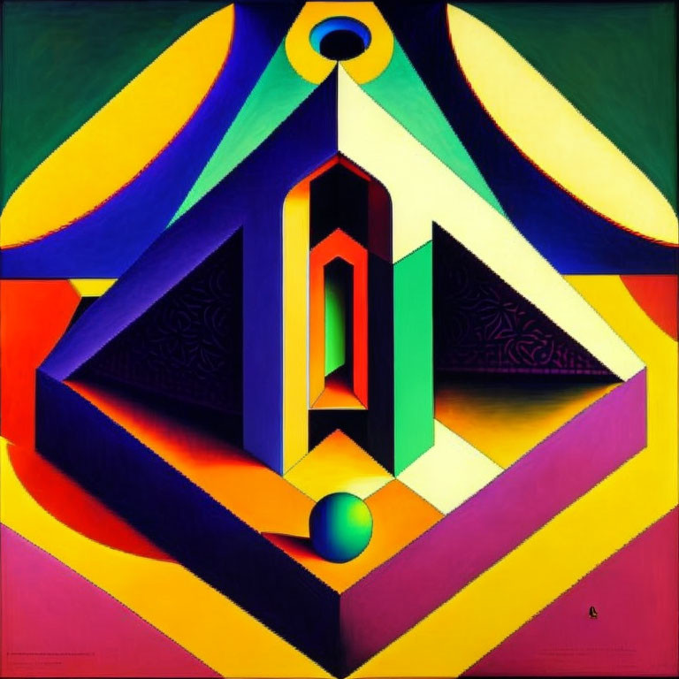 Colorful Abstract Geometric Painting with Triangular Tunnel and Sphere