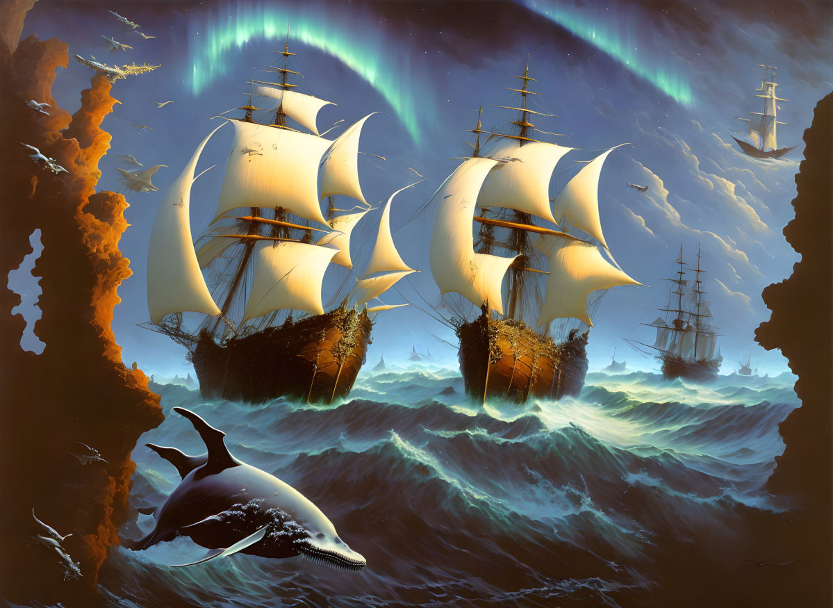 Sailing ships and leaping orca on turbulent seas under aurora borealis