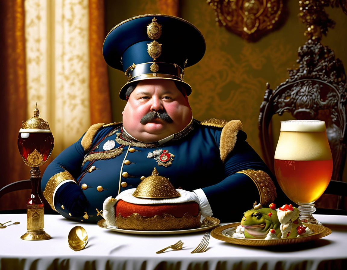 Portly man in grand military uniform with medals dining before beer and lavish meal.