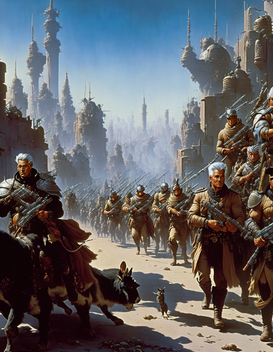 Futuristic soldiers in armor with rifles march through a city under blue sky