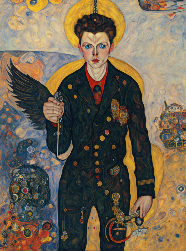 Stylized painting of figure with halo, black wing, keys, and celestial motifs