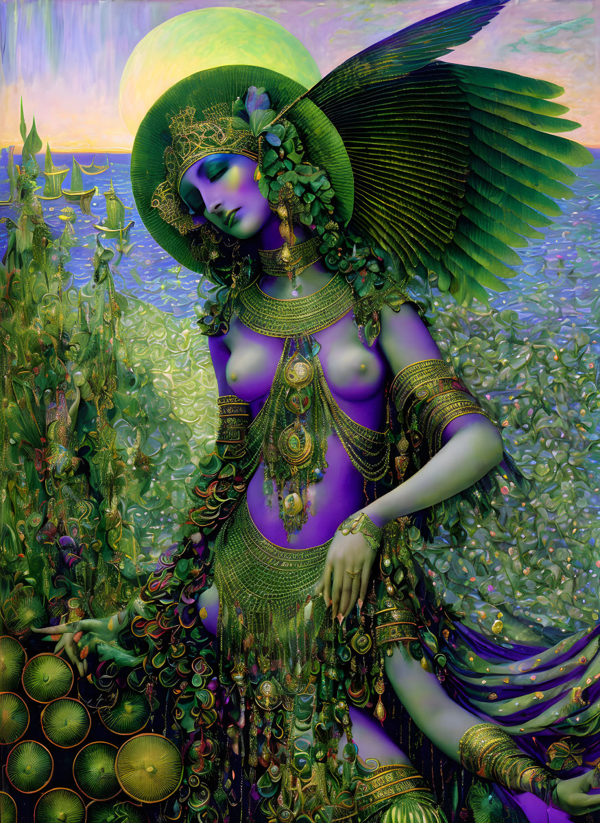 Purple-skinned mystical figure in golden jewelry with feathered wings in lush greenery and pastel sky